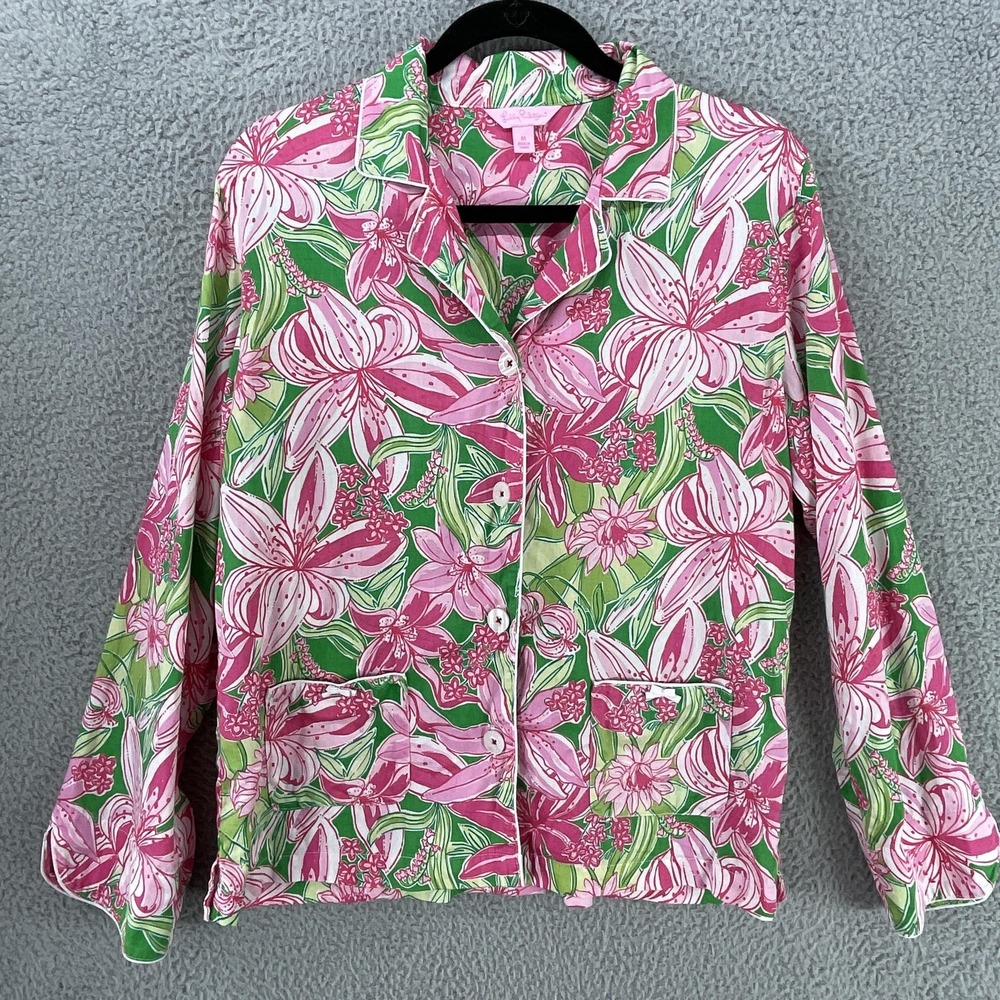Lilly Pulitzer Pajama Top Womens M Pink Kimono Floral Cotton‎ Button Tropical